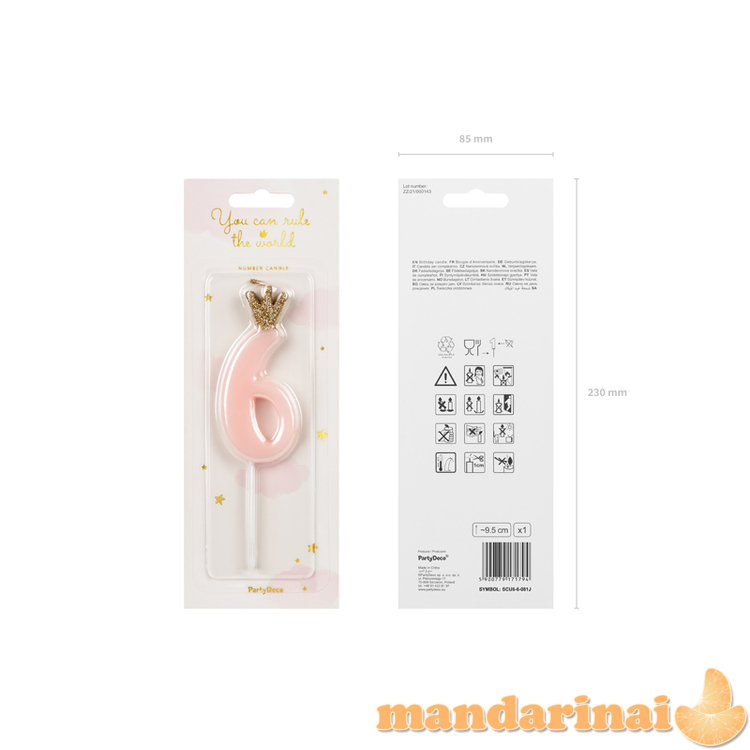 Birthday candle Number 6, light pink, 9.5cm 1