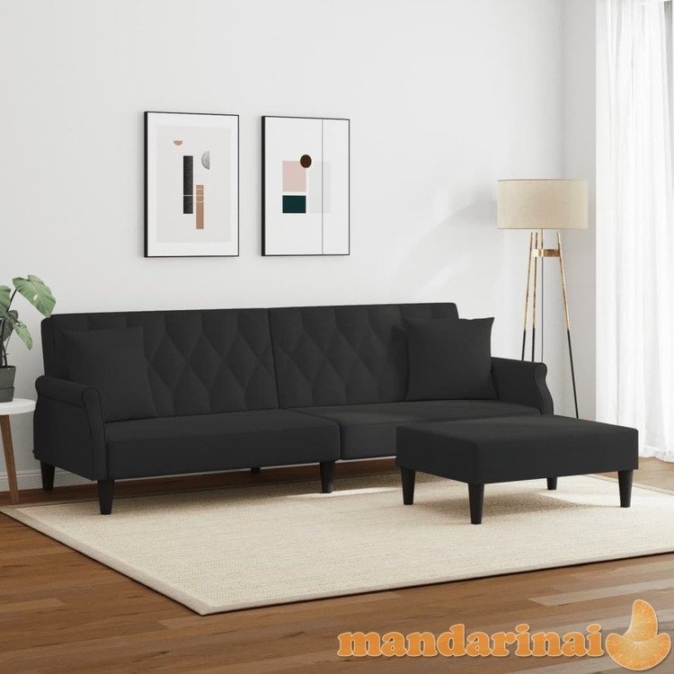 Dvivietė sofa-lova su pagalvėmis ir pakoja, juoda, aksomas