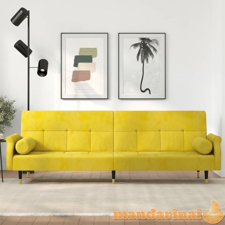Sofa-lova su pagalvėlėmis, geltonos spalvos, aksomas