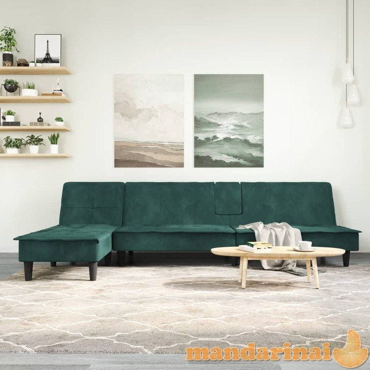 L formos sofa-lova, tamsiai žalia, 255x140x70cm, aksomas