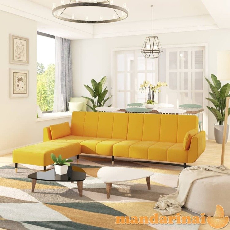 Dvivietė sofa-lova su pakoja ir pagalvėmis, geltona, aksomas