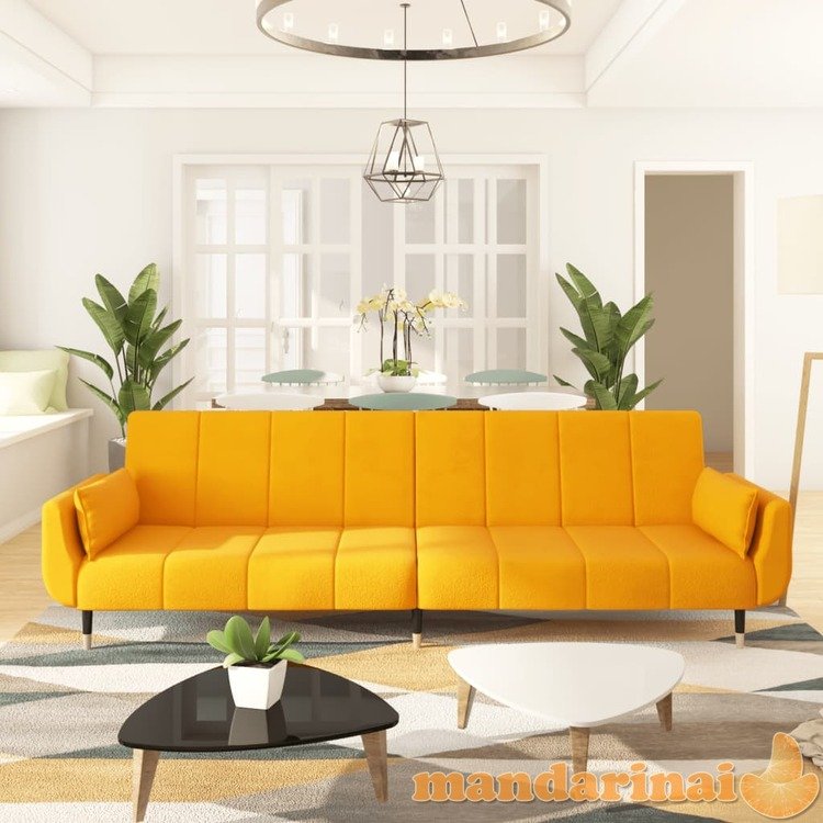 Dvivietė sofa-lova su dvejomis pagalvėmis, geltona, aksomas