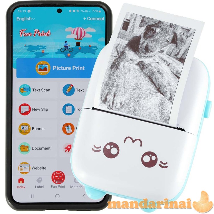 Mini šiluminės etiketės nuotraukų spausdintuvas + USB kabelis katės mėlynas 2