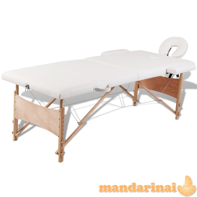 Sulankstomas masažo stalas, kreminis, 2 zonų, su mediniu rėmu