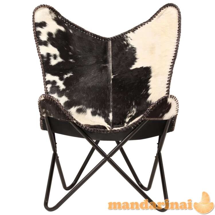 Drugelio formos kėdė, juoda ir balta, tikra ožkos oda