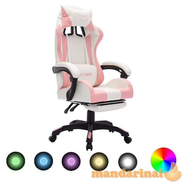 Žaidimų kėdė su led lemputėmis, rožinė ir balta, dirbtinė oda