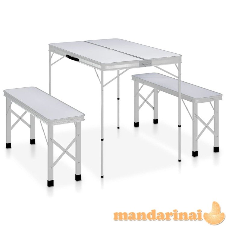 Sulankstomas stalas su 2 suoliukais, baltos spalvos, aliuminis