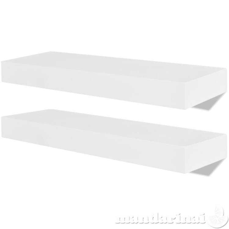 2 baltos mdf lentynos su nematomais laikikliais, knygoms, dvd