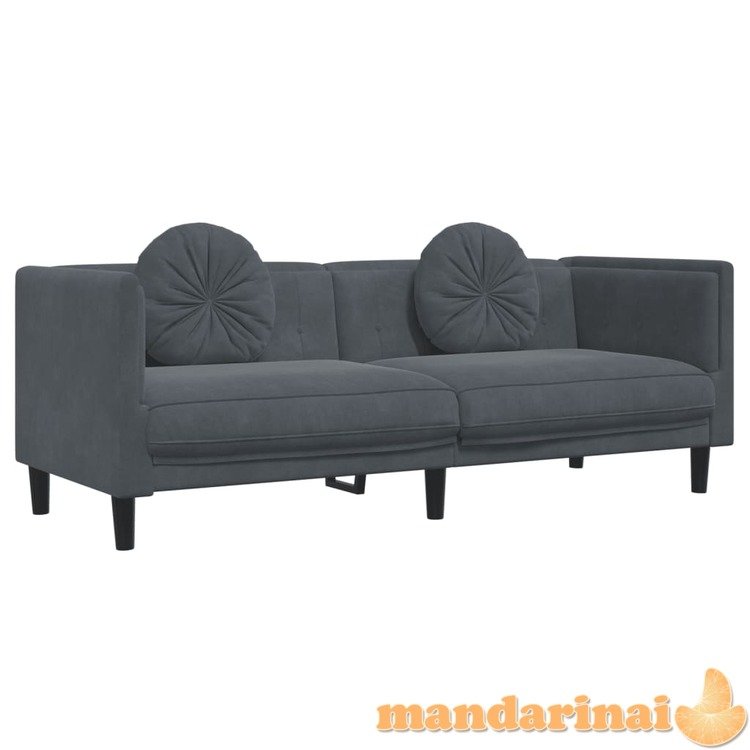 Trivietė sofa su pagalvėlėmis, tamsiai pilkos spalvos, aksomas