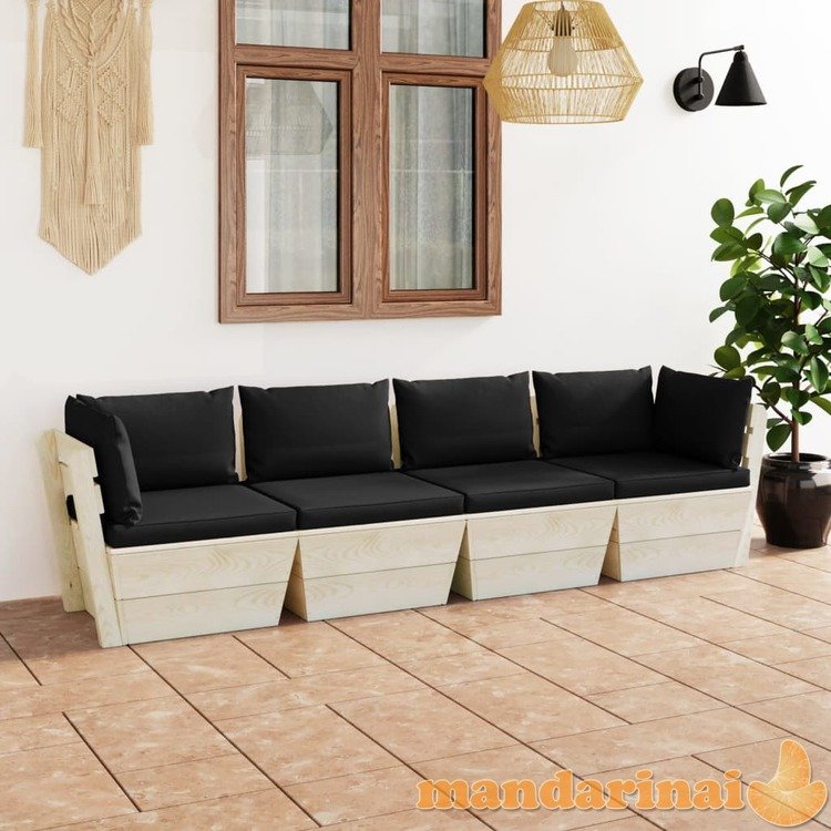Keturvietė sodo sofa iš palečių su pagalvėlėmis, eglės mediena