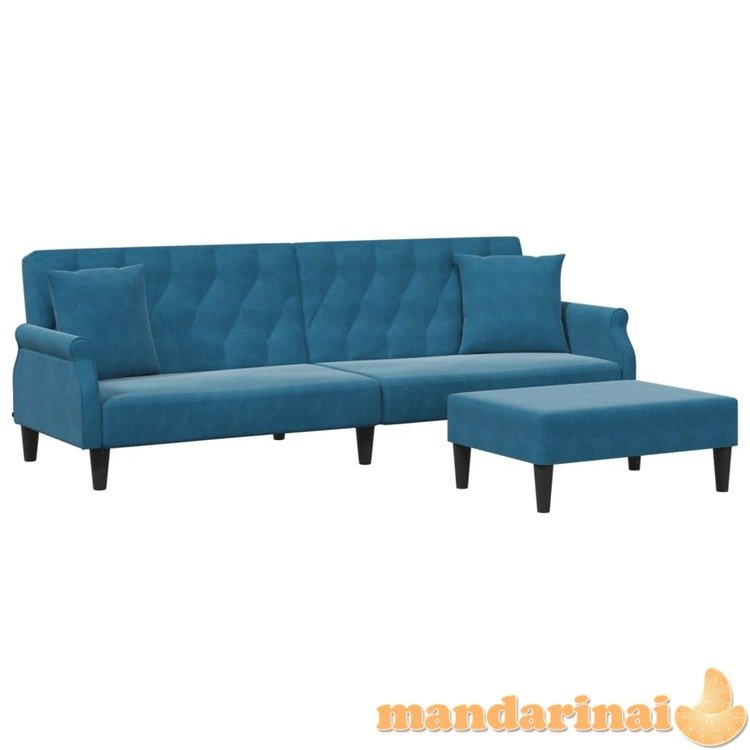 Dvivietė sofa-lova su pagalvėmis ir pakoja, mėlyna, aksomas