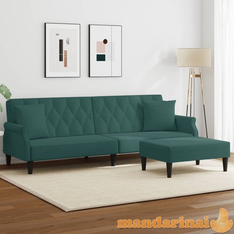 Dvivietė sofa-lova su pagalvėmis ir pakoja, žalia, aksomas