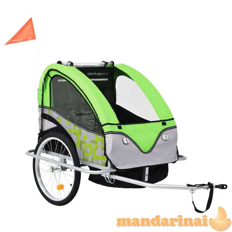 2-1 vaikiškas dviratis-priekaba ir vežimėlis, žalia ir pilka