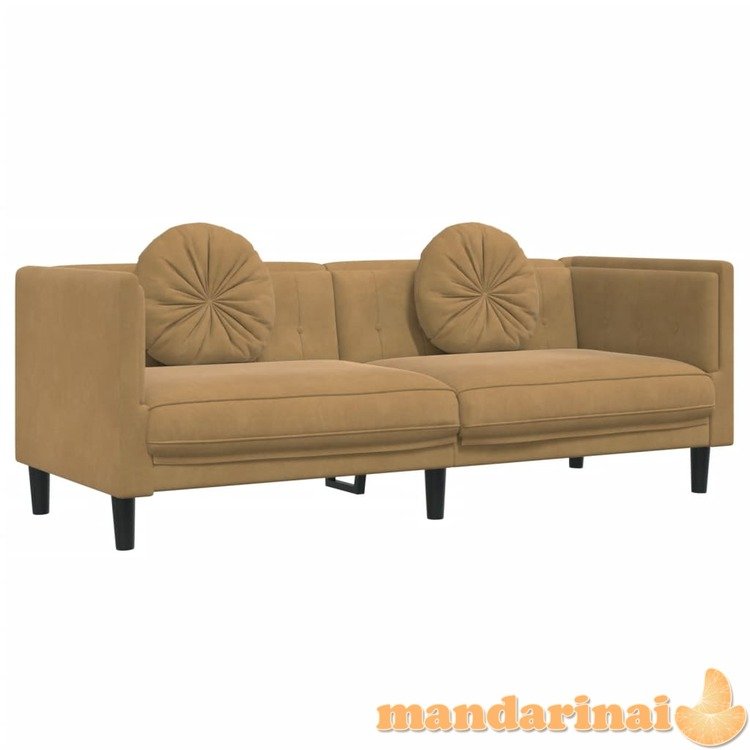 Trivietė sofa su pagalvėlėmis, rudos spalvos, aksomas