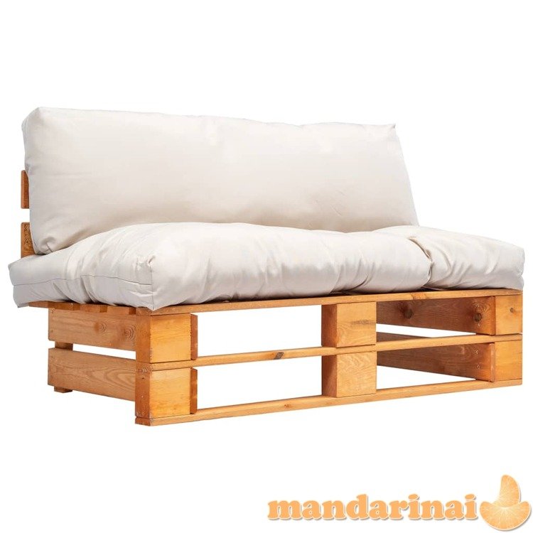 Sodo sofa iš palečių su smėlio pagalvėlėmis, pušies mediena