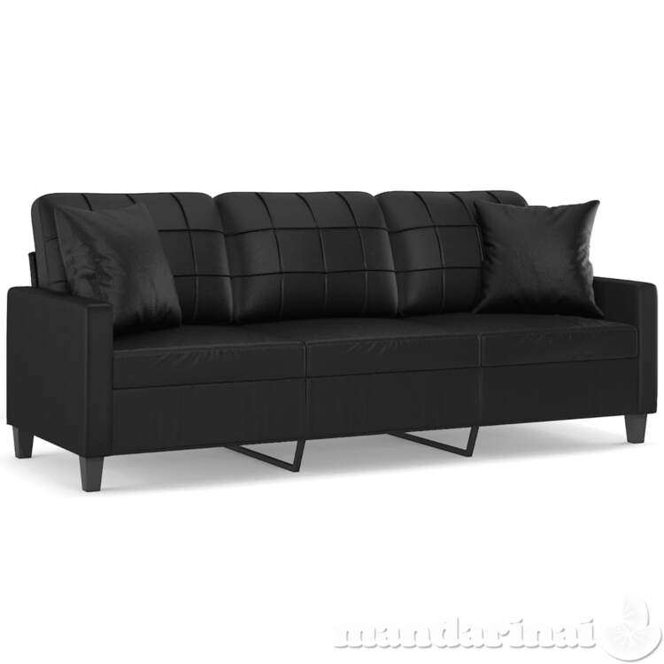 Trivietė sofa su pagalvėlėmis, juoda, 180cm, dirbtinė oda