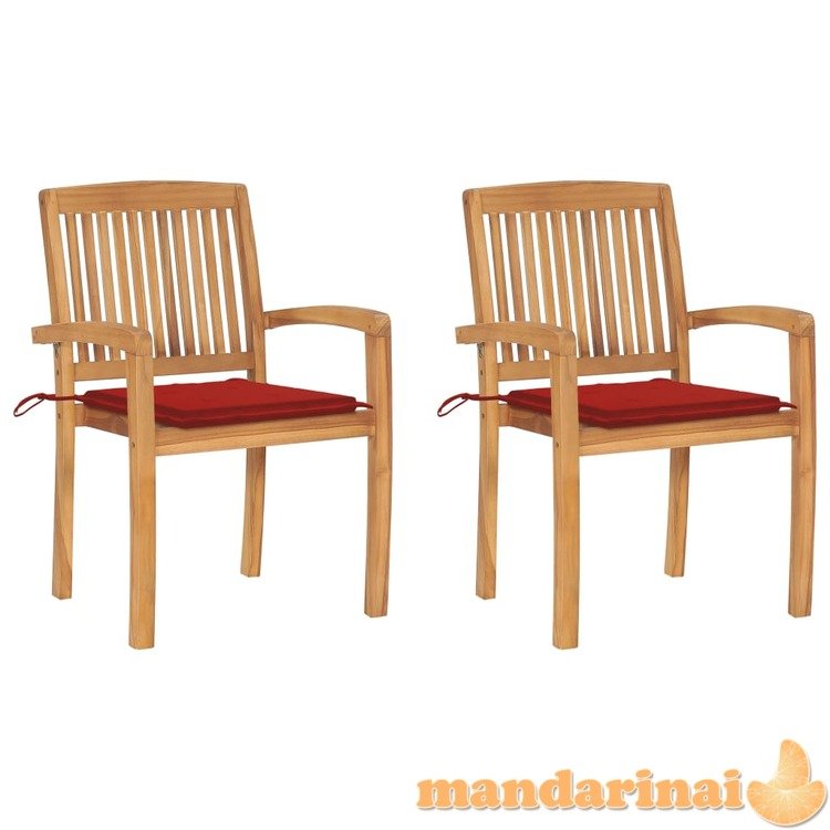 Sodo kėdės su raudonomis pagalvėlėmis, 2vnt., tikmedžio masyvas
