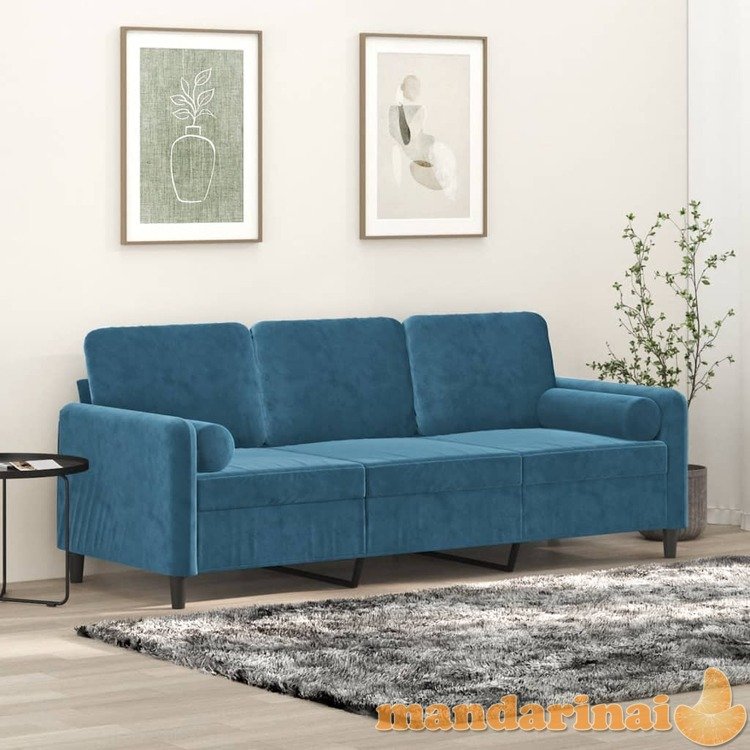 Trivietė sofa su pagalvėlėmis, mėlynos spalvos, 180cm, aksomas