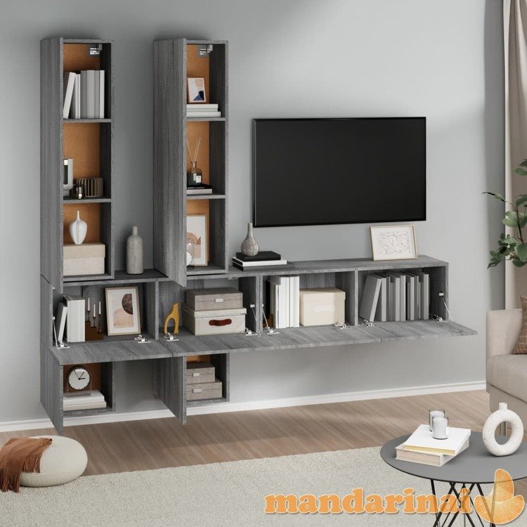 Sieninė televizoriaus spintelė, pilka ąžuolo, apdirbta mediena