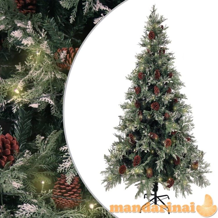 Kalėdų eglutė su kankorėžiais, žalia/balta, 225cm, pvc ir pe