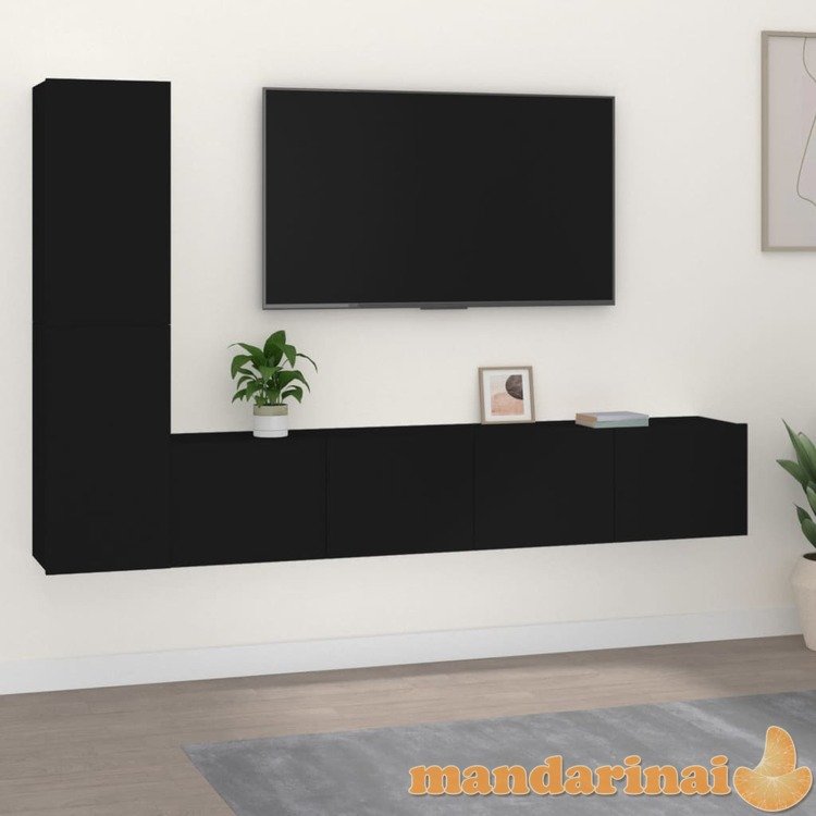 Televizoriaus spintelių komplektas, 4 dalių, juodas, mediena