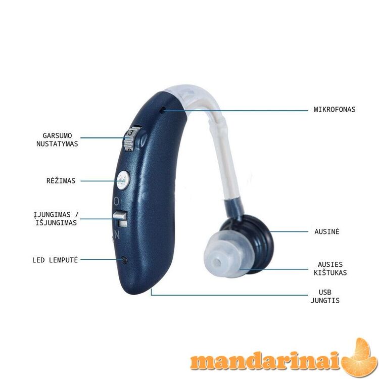 Skaitmeninis pakraunamas klausos aparatas su Bluetooth funkcija, mėlynos spalvos