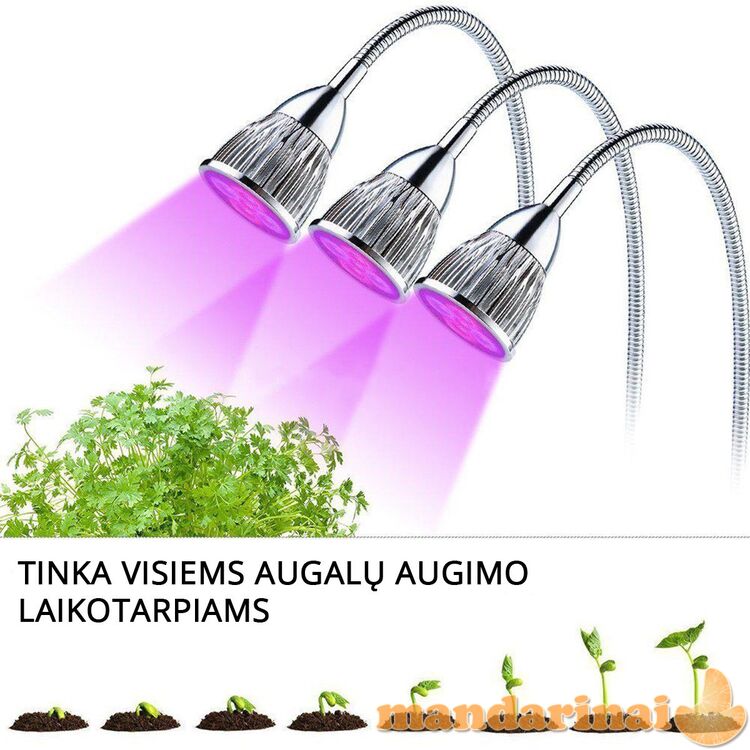 Pilno spektro šviestuvas augalų auginimui su 3 lempomis